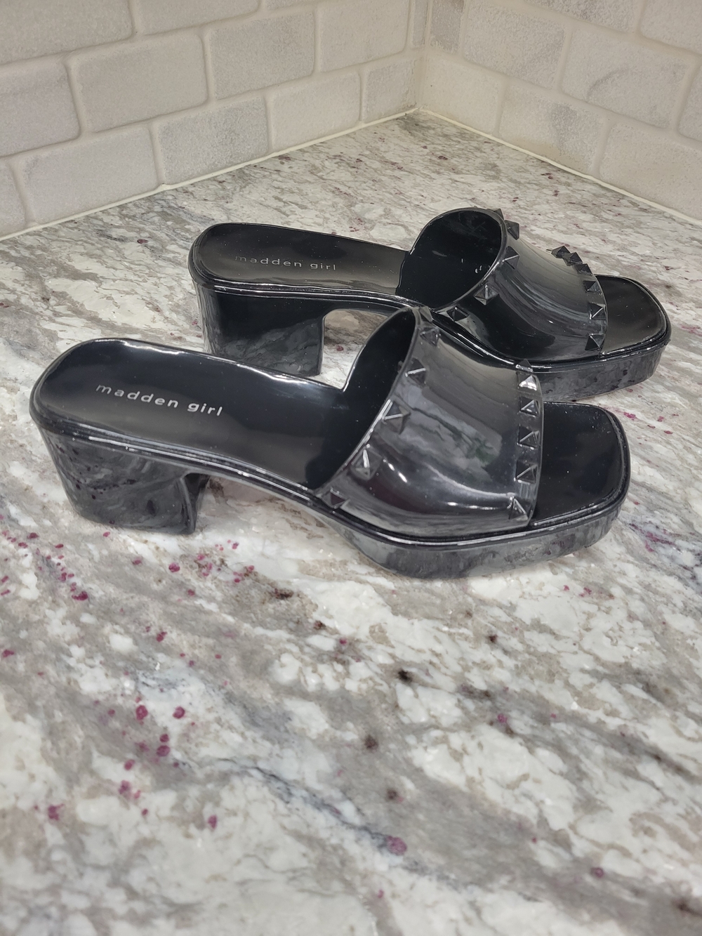 Madden Girl Black Glossy Studded Platform Mules